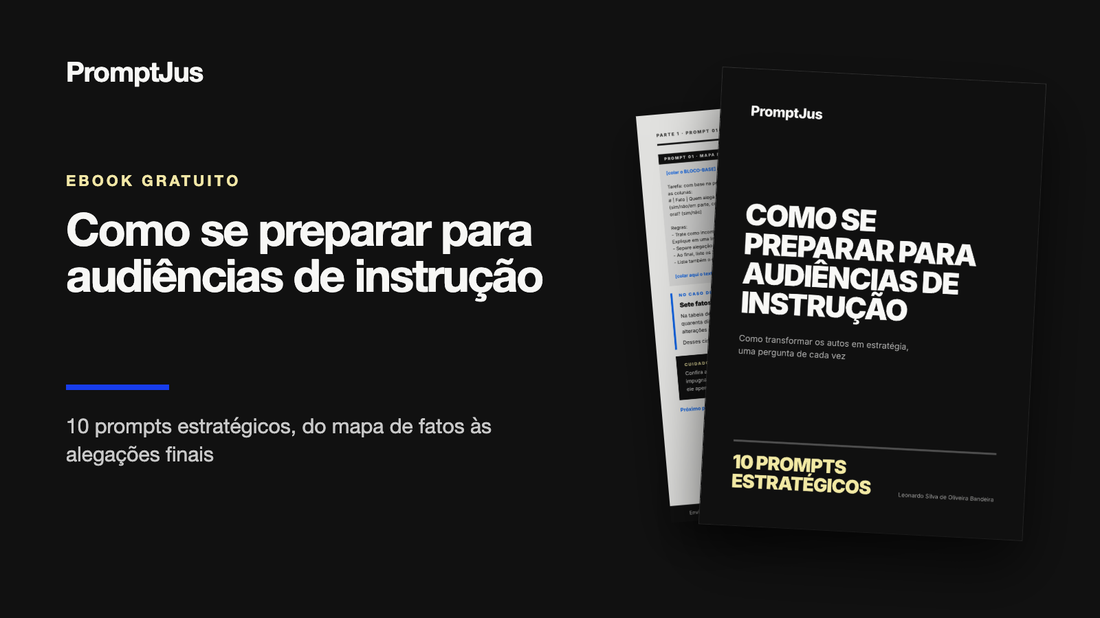 Capa do ebook Como se preparar para audiências de instrução, com 10 prompts estratégicos, ao lado de uma página com o primeiro prompt