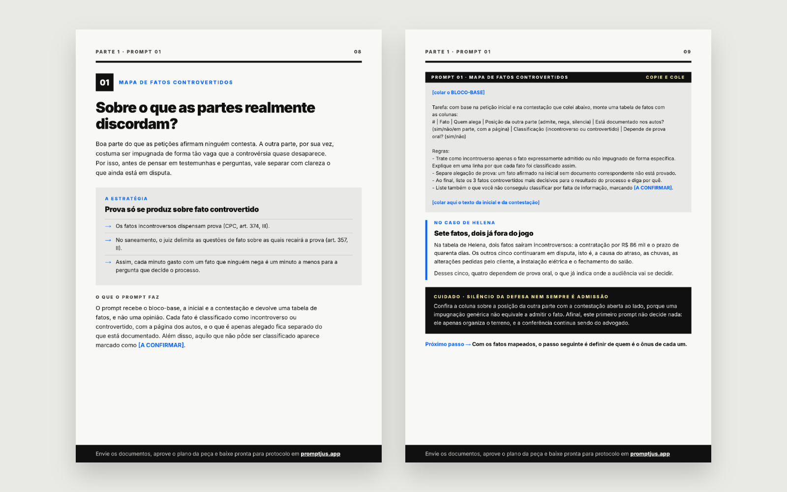 Duas páginas do ebook: a estratégia do primeiro prompt e o prompt pronto para copiar, com o resultado no caso de Helena